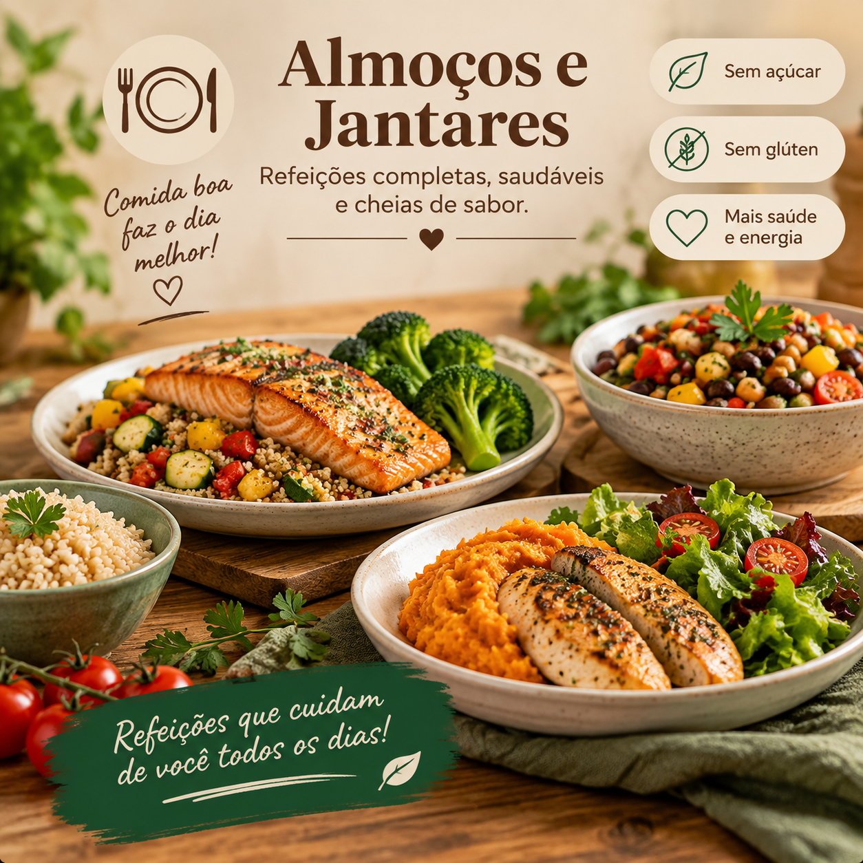 Almoços e jantares do material +500 Receitas Sem Açúcar e Sem Glúten