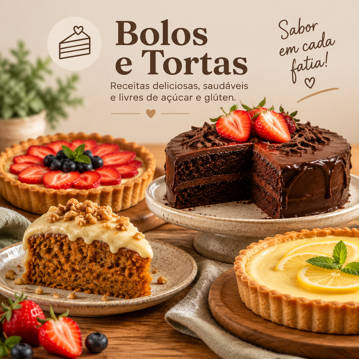 Bolos e tortas do material +500 Receitas Sem Açúcar e Sem Glúten